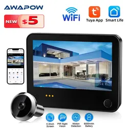 Awapow 4.3inch Tuya Wireless Video Doorbell WiFi Surveillance Camera Visual Intercom Digital Door Camera PIR Motion Detection