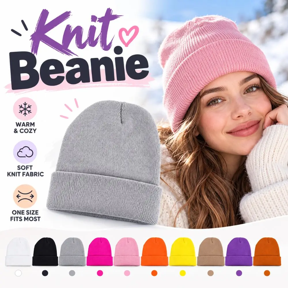 New Solid Knit Beanie High Stretch Ribbed Knit Winter Hat Oversized Fit Soft Skull Cap Women Men