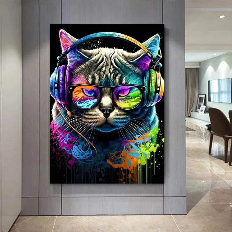 Abstract Cool Cats Headphone Dj Music Poster And Prints Canvas Painting Animal Wall Art Pictures for Living Room Home Decor