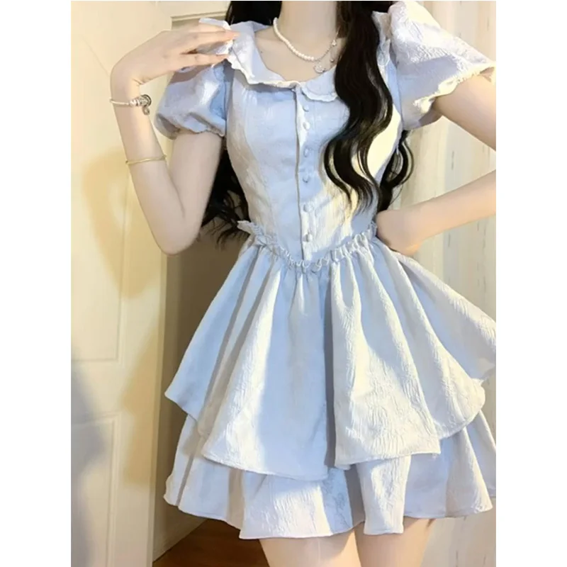 Summer Lolita Sweet Ruffles Solid Color Turn-down Collar Short Sleeve A-line Skirt Femme Young Style Patchwork Slim Mini Dress