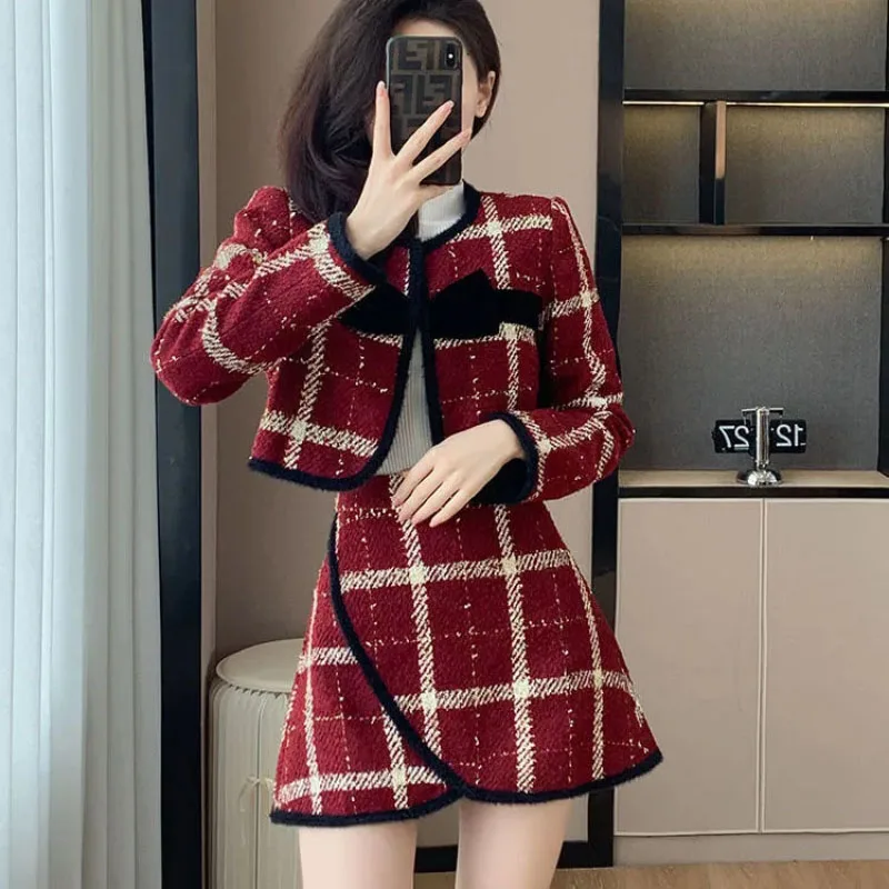 Formal Thicke Plaid Coat+Skirt Women Spring Autumn New Chic Set Women\'s Fashion Long Sleeve Loose Plaid Skirt Two-Piece Suit