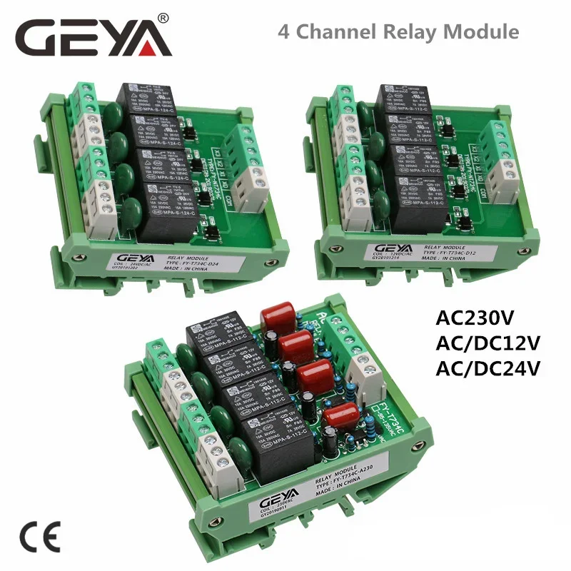 GEYA 4 Channel Relay Module DC 24V 12V Intermediate Power Relay Control Switch 220V 230V 5VDC