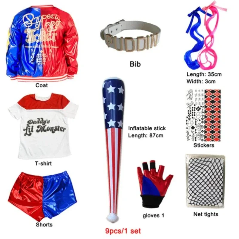 أزياء الهالوين لعام 2025 عالية الجودة Meisjes Zelfmoord Harley Quinn التأثيرية أزياء فرقة الوحش Gestikte Jas Broek أطقم الهالوين #5