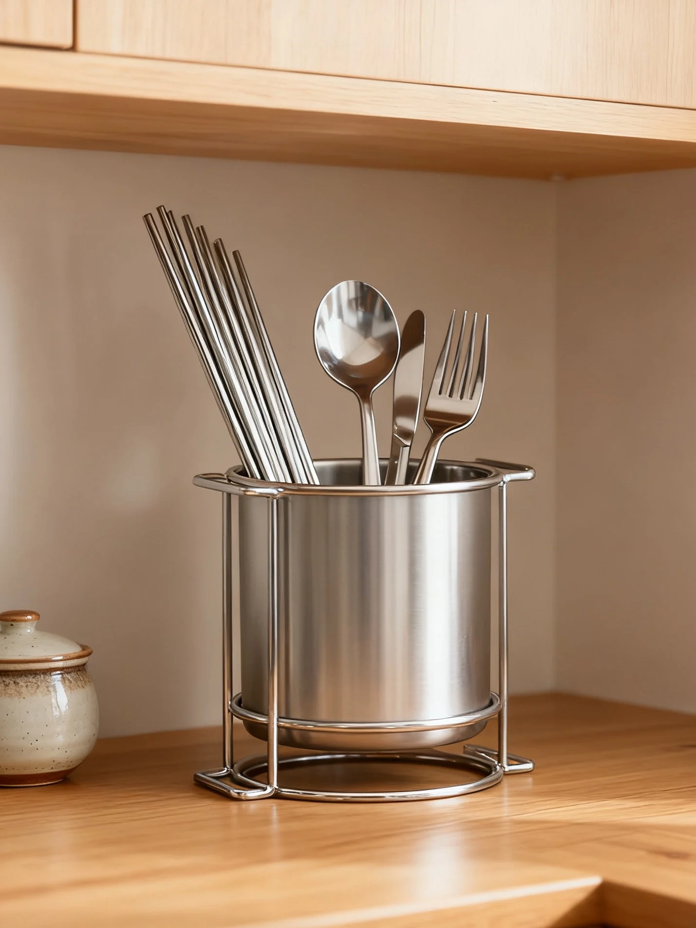 

304 Stainless Steel Kitchen Countertop Chopsticks Holder Multi-Function Integrated Dining Utensils Storage Box round Shape