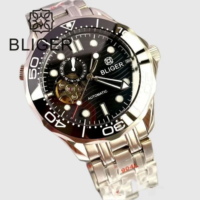 BLIGER 41MM NH39 24 Jewel Automatic Mechanical Man Watch Blue/Black Dial Green LuminousSapphire Glass Ceramic Bezel Screw