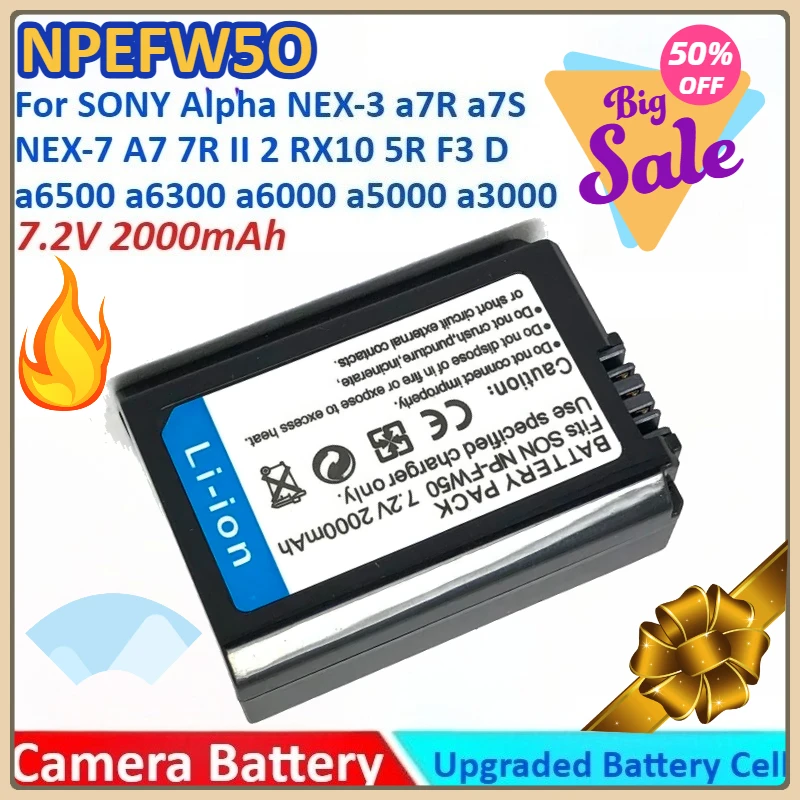 

2000mAh 7.2V NP-FW50 Camera Battery +Charger for SONY Alpha NEX-3 A7R A7S NEX-7 A7 7R II 2 RX10 5R F3 D A6500 A6300 A6000 A5000