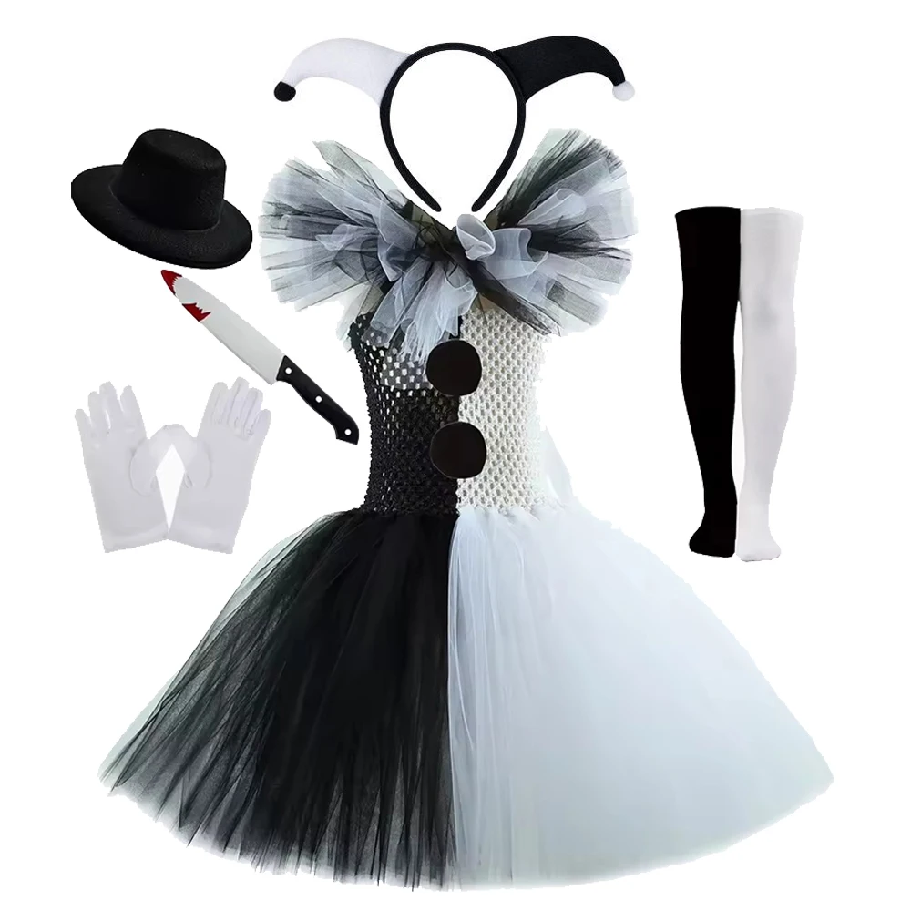 

Girls Black White Joker Tutu Dress for Kids 2025 Halloween Carnival Cosplay Clown Costume Children Dress Up Party Clothes