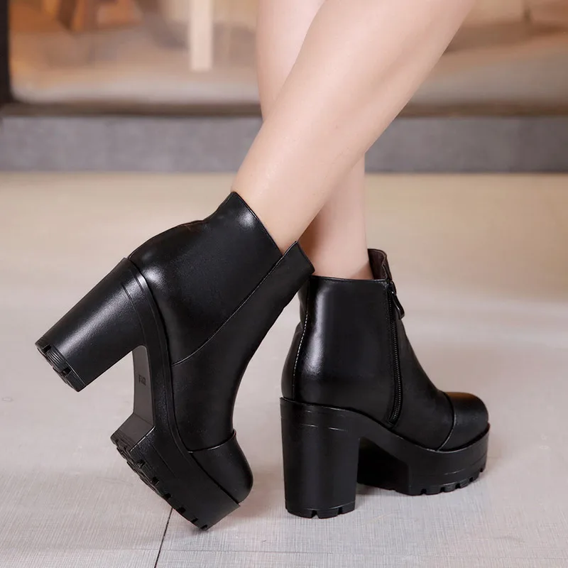 High quality short ankle leather boots for women 10cm high heel platform new 2024 autumn winter 32 33 42 43 elegant shoe black