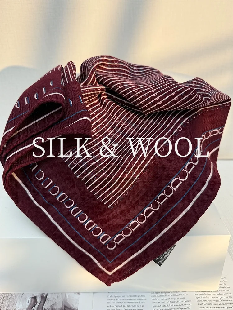 女性のウールシルクスカーフ赤ワインストライプ秋冬ファッショナブルな多用途装飾ネックウォーマー韓国スタイルプリントスカーフ