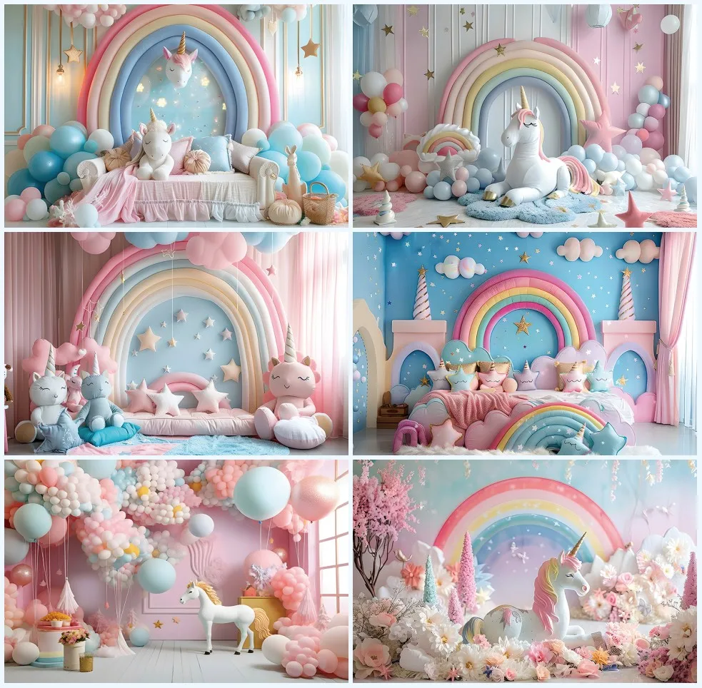 Mehofond Backdrop Unicorn Theme Birthday Decor Baby Shower Balloon Rainbow Kids Portrait Photography Background Photo Studio