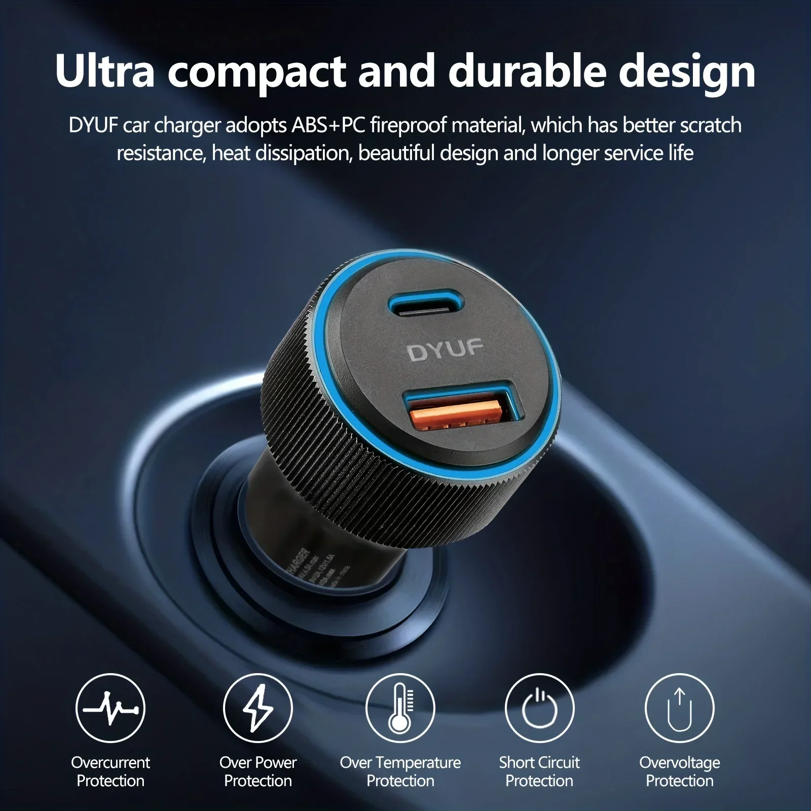 DYUF car charger 48W, fast car charger adapter, dual USB ports PD30W and QC3.0 18W car phone charger