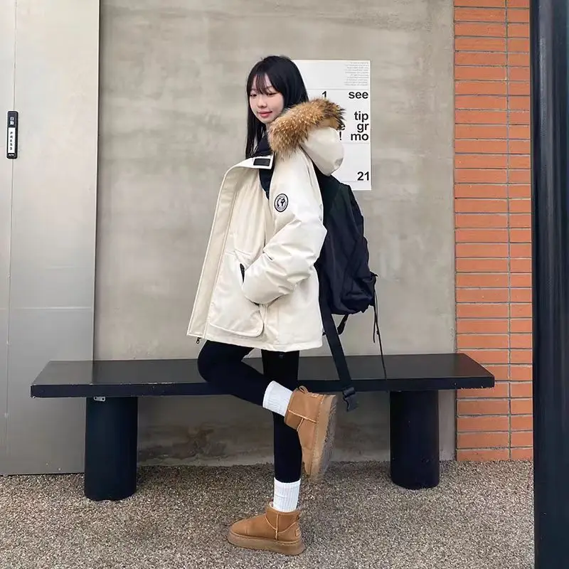 

Preppy Workwear Parka High-quality Navy Blue and Khaki Warm Cotton Coat Winter Hooded Coat with Fur Collar Женская Куртка Зимняя