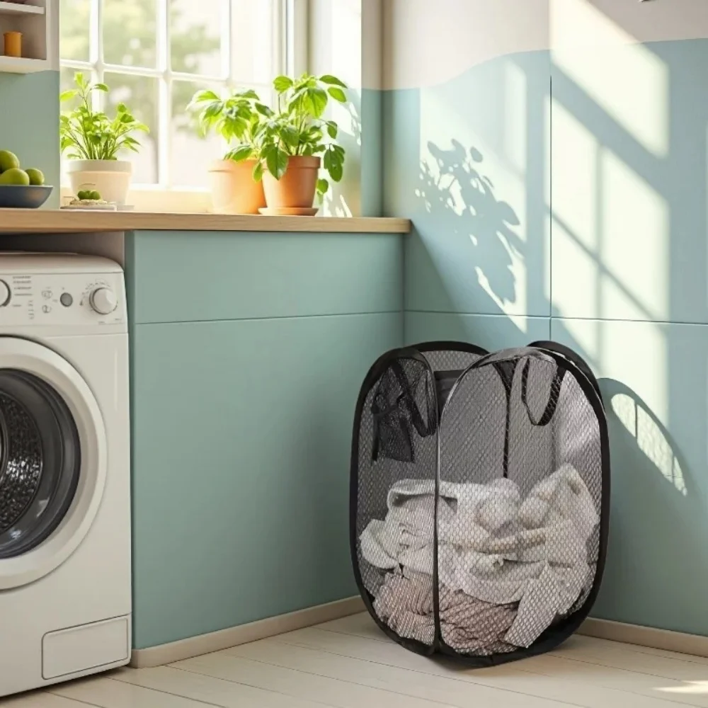 Cesto de roupa suja dobrável, portátil, de malha respirável, caixa de armazenamento, organizador de brinquedos, organizador doméstico para roupas