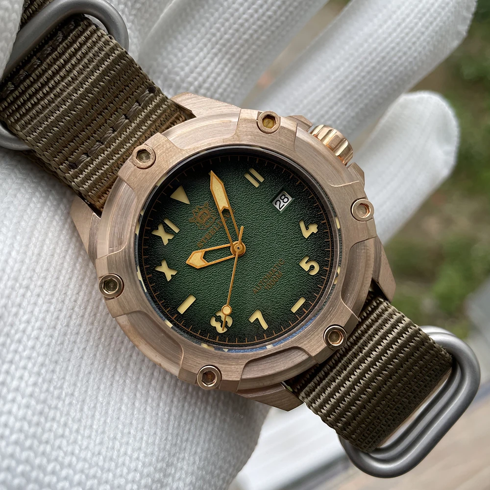 

Bronze Watch 1000M 100Bar Waterproof SD1943S Automatic Mechanical Wristwatch STEELDIVE New strap Green Dial Dive Cool Watch