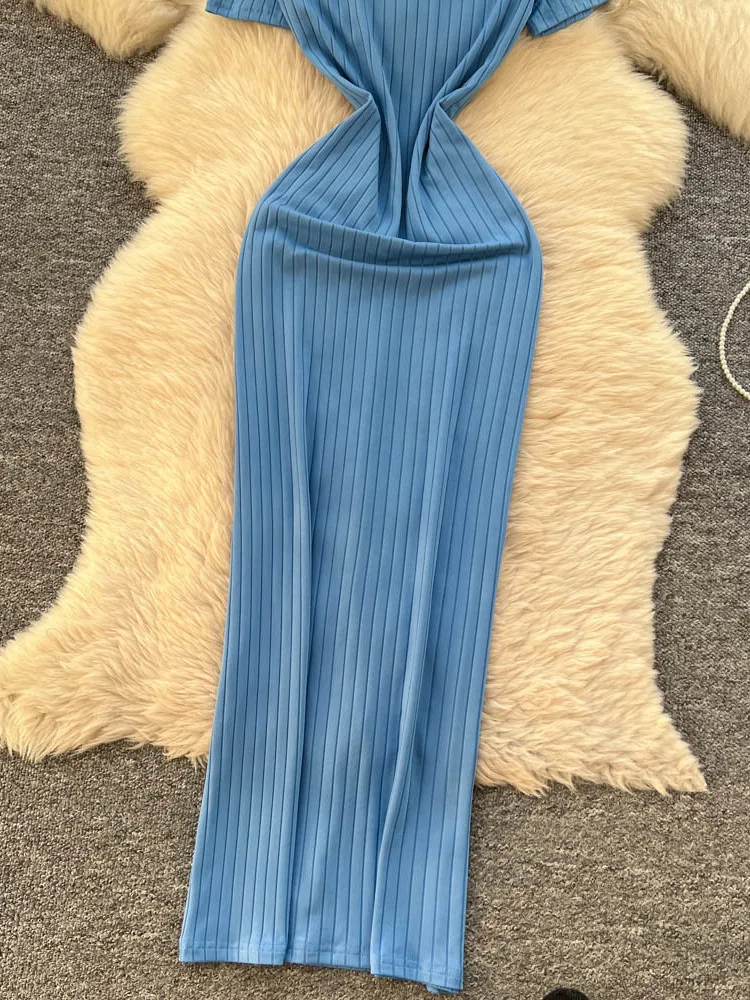 Foamlina Blue Knit Bodycon Dress Women Fashion O Neck Short Sleeve Sash Tie-up Back Slim Fit Long Dress for Casual Daily Wear