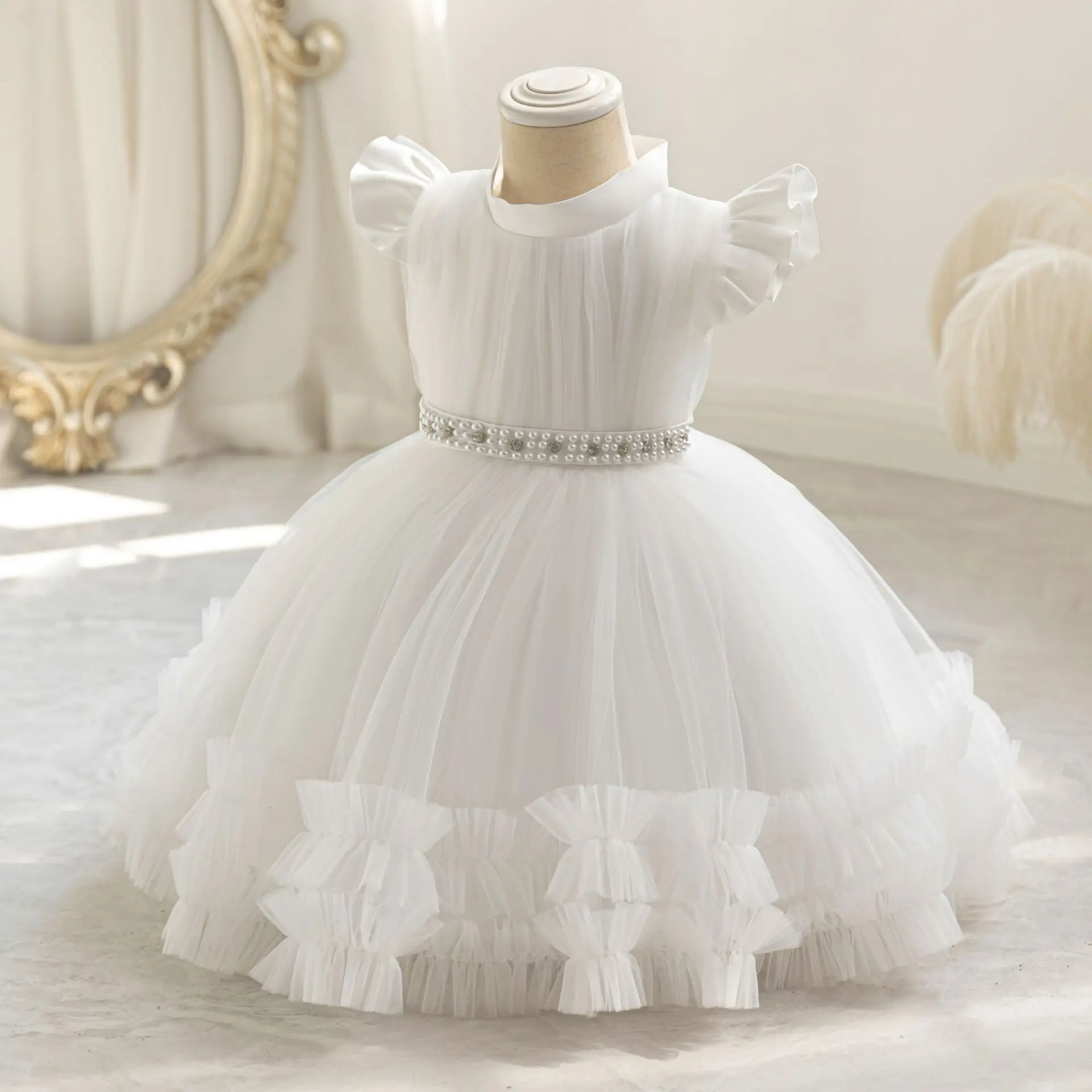 HETISO Pearls Belt Baby Girls Party Dress Sweet 1st Birthday Tulle Kids Dresses for Newborn Wedding Bridemaids Princess Gown