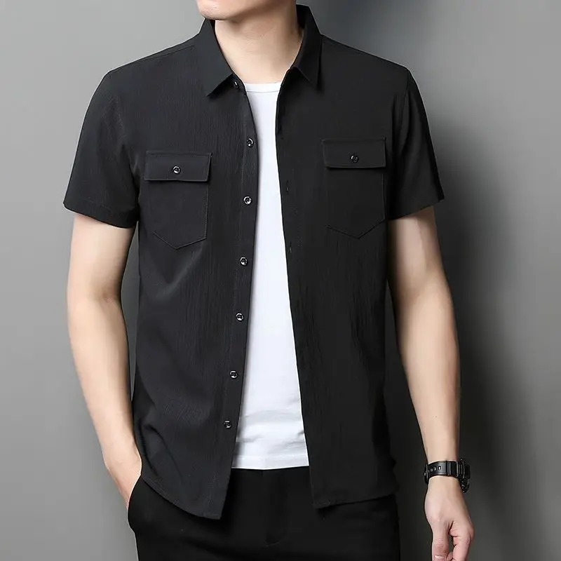 Safari Style Men Short Sleeve Shirt Summer New Fashion Male Clothes Korean Streetwear Casual Loose Solid Pocket Button Tops 2023