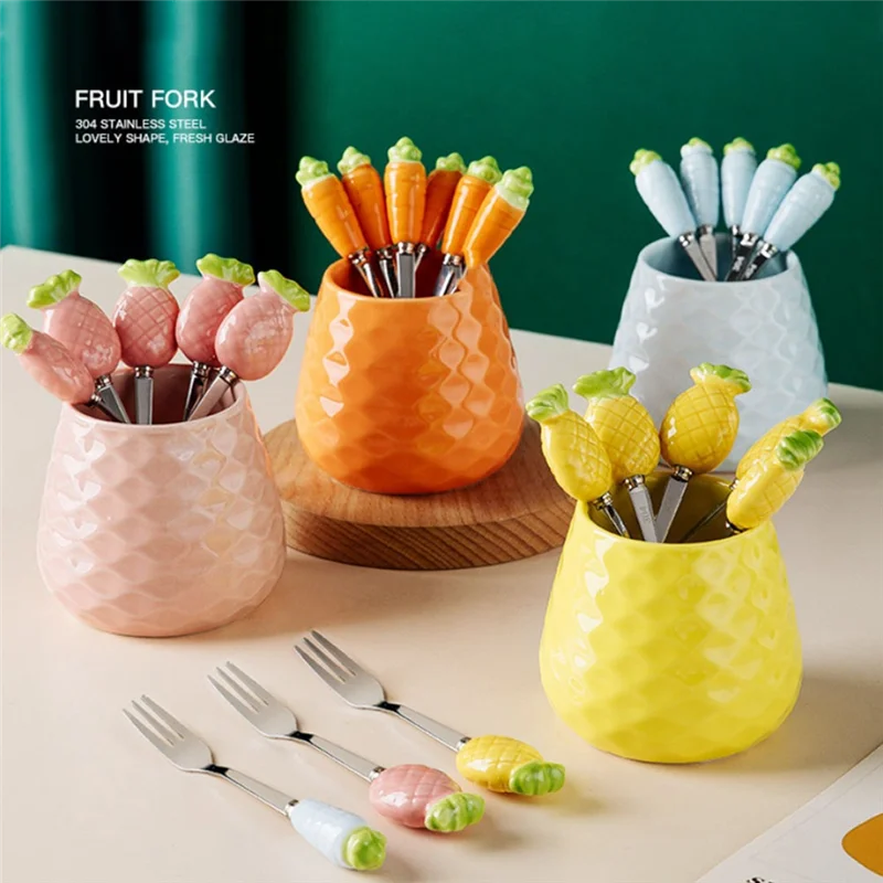 Ensemble de fourchettes à fruits en pot mignon, fourchette à gâteau en acier inoxydable 304, fourchette à Dessert pour fête à domicile, pot de rangement mignon, vaisselle pour enfant-BAAQ