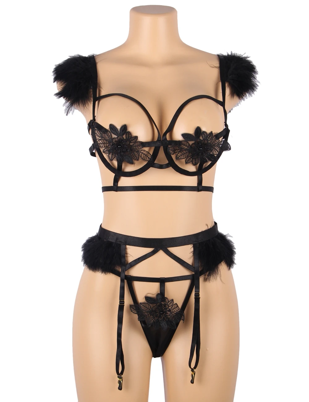 

Comeondear Sexy Garter Lingеrie Set Strappy Fluffy Black Bra Panty Suits Embroidery Erotic Bandage Underwear With Stocking Belts