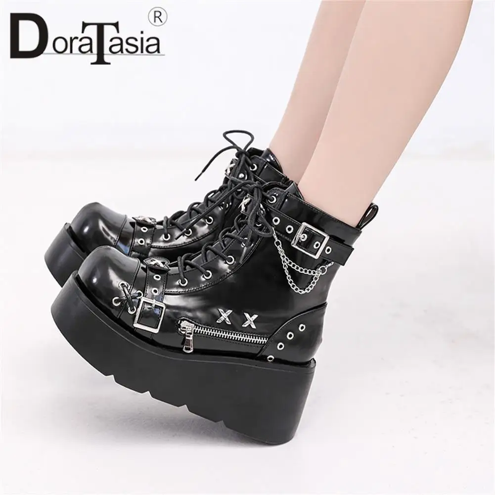 Brand New Ladies Goth Platform Ankle Boots Fashion Buckle Zip Rivet Punk Wedges High Heels Womens Boots Party Street Woman Shoes