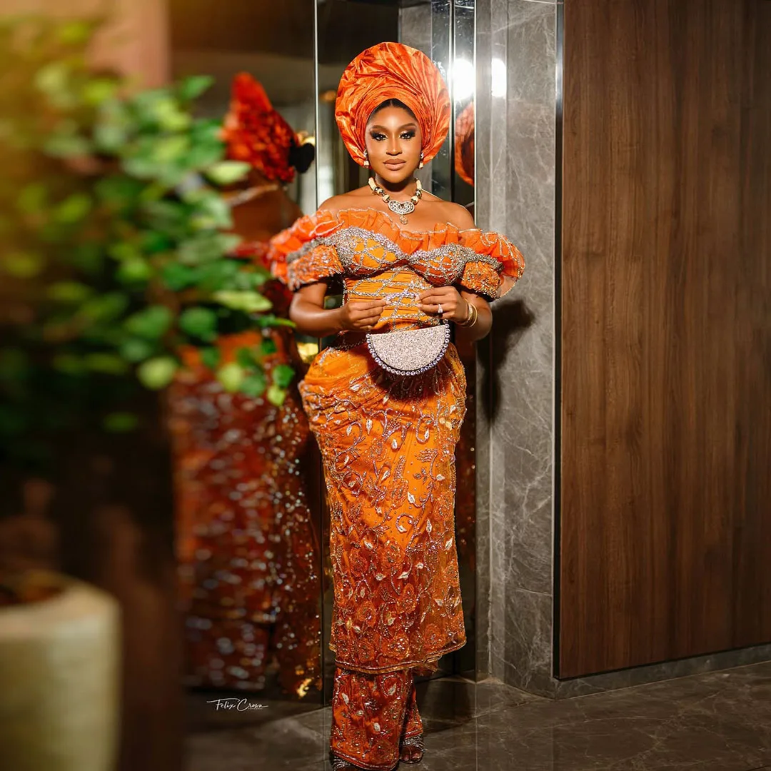 

Aso Ebi Crystal Satin Bride Gowns Nigerian Style Luxury Crystal Lace Evening Dresses Off The Shoulder Wedding Party Dress Custom