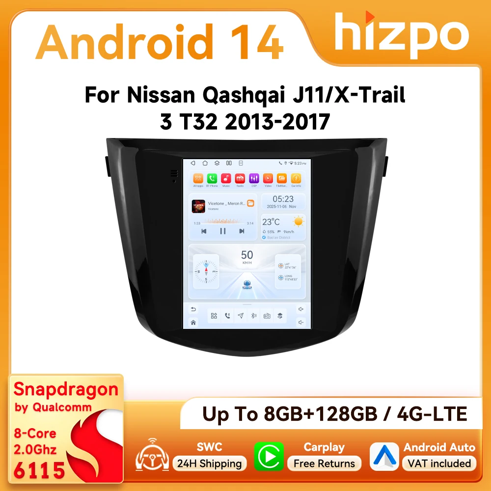 9,7-Zoll Hizpo Android Autoradio für Nissan Qashqai J11 X-Trail 3 T32 2013 - 2017 Tesla-Stil Bildschirm CarPlay 360 ° CAM Snapdragon 6115