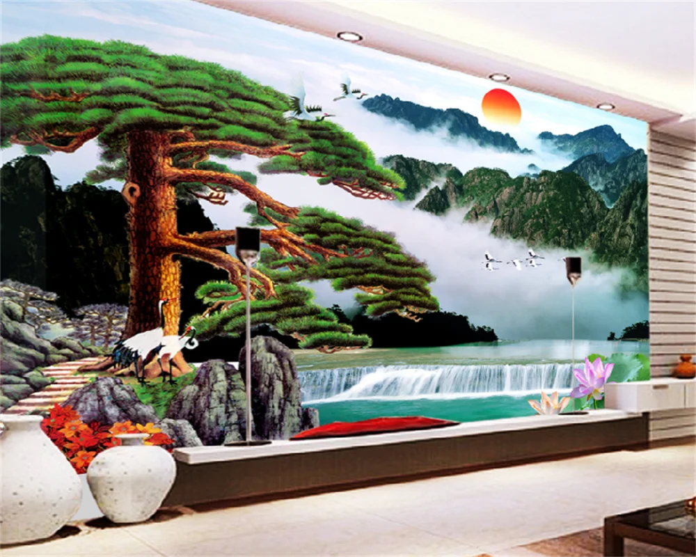 

Custom wallpaper Chinese style Huangshan welcome pine landscape decorative painting TV sofa background wall photo mural behang