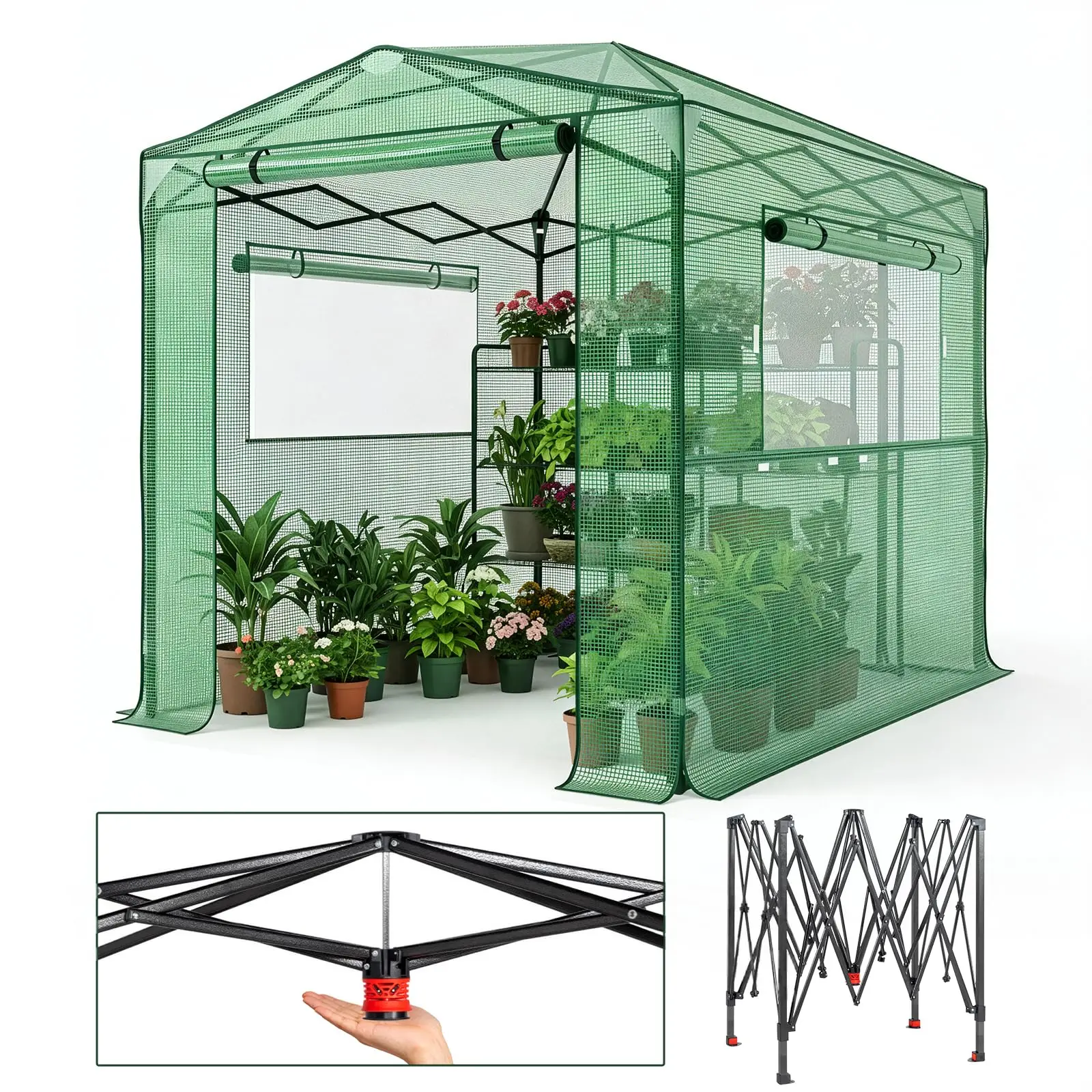 6x8ft Greenhouse, Instant Walk-in Pop Up Tent Greenhouse for Indoor Outdoor Gardening Easy Setup Shelter with Roll-up