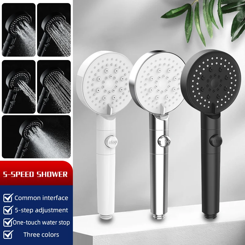 ZhangJi 2022 New 5-Function Shower head with Stop button 10cm Big Panel Silicone gel Hole Easy Cleaning Bathroom Nozzle Sprayer