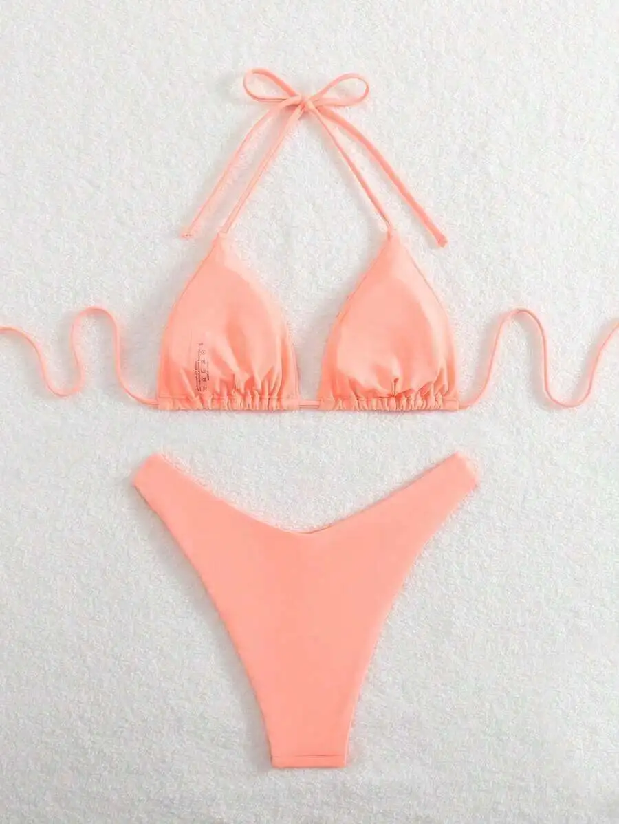 

Women Peach Halter Triangle Bikini Set With Bow Detail For Beach Vacation