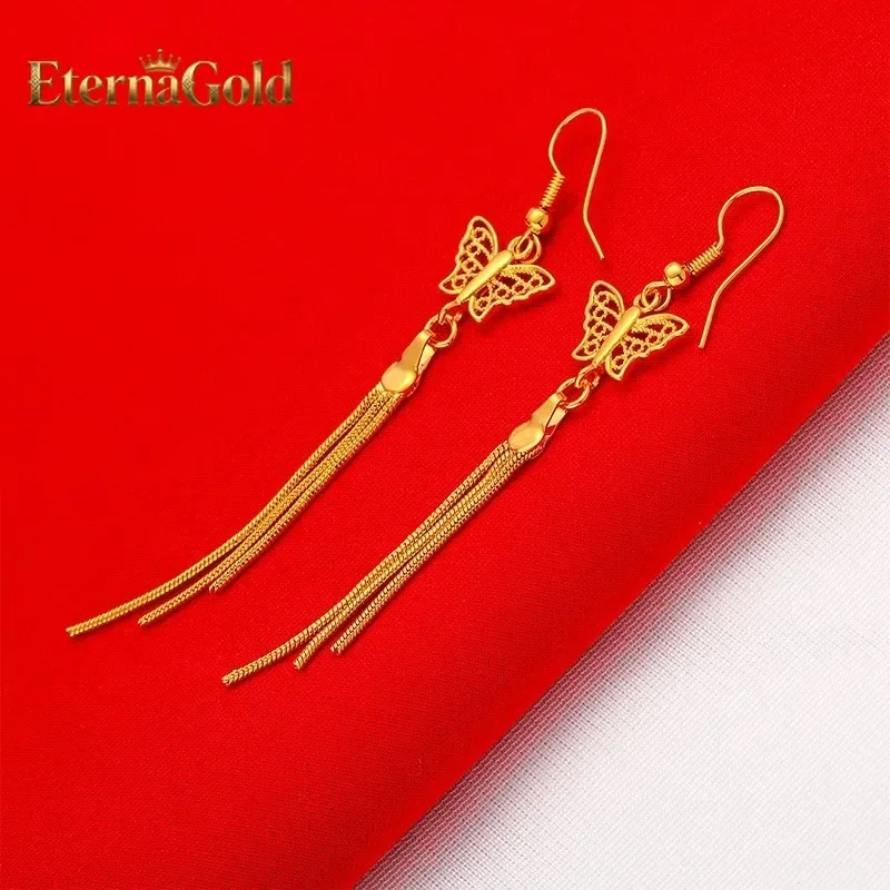 

EternaGold 24K Gold Butterfly Tassel Earrings AU999 Full Gold, Three-dimensional Butterfly Wings Styling with Gold Chain Tassel
