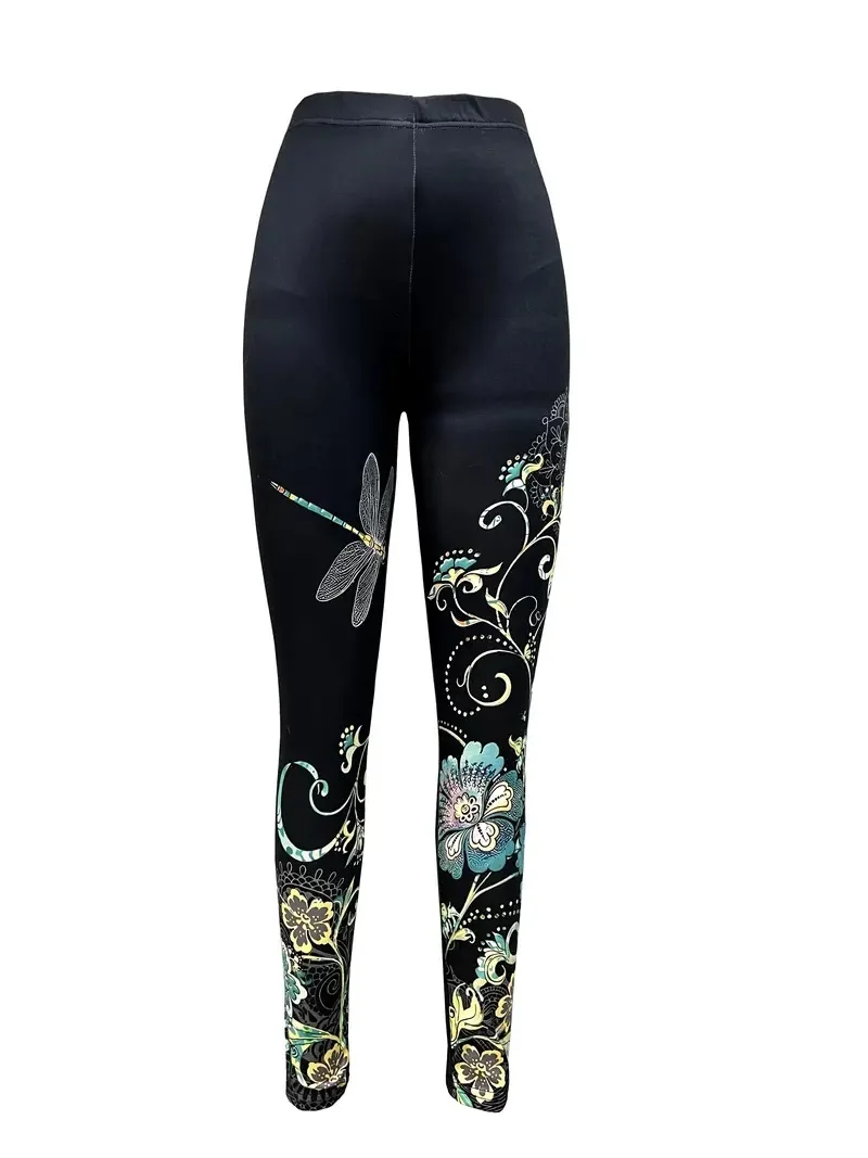 Dragonfly print casual hip lift elastic elastic waist tight-fitting daily wear travel working women\'s leggings