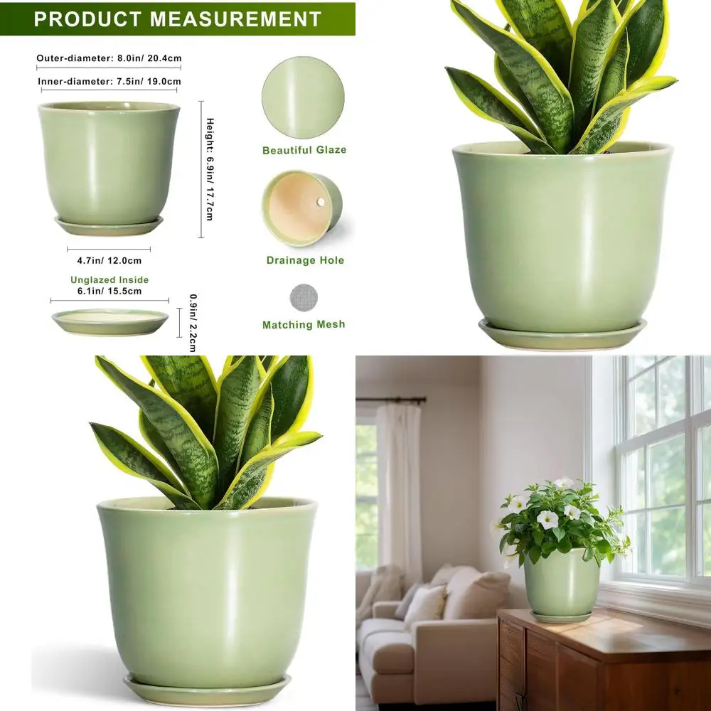 

8 Inch Round Plant Pot with Drainage Hole and Saucer, Suitable for Indoor or Outdoor, Decorative Green Planter for Home Porch or