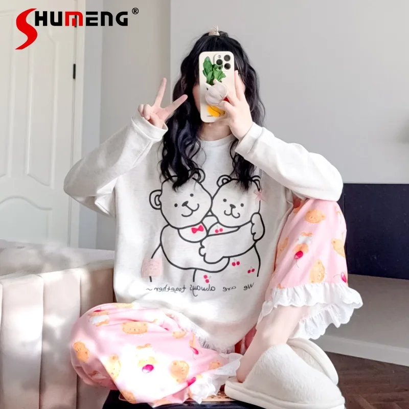 

Милые японские пижамы для женщин, осенне-зимний комплект одежды из чистого хлопка, женские кружевные домашние костюмы с круглым вырезом