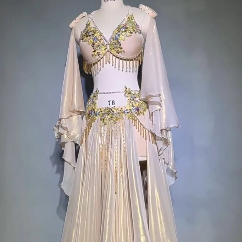 Belly Dance Professional Costume Set for Women Customized Bellydancing Pearl Bra+Chiffon Yarn Long Skirt Oriental Dance Outfit