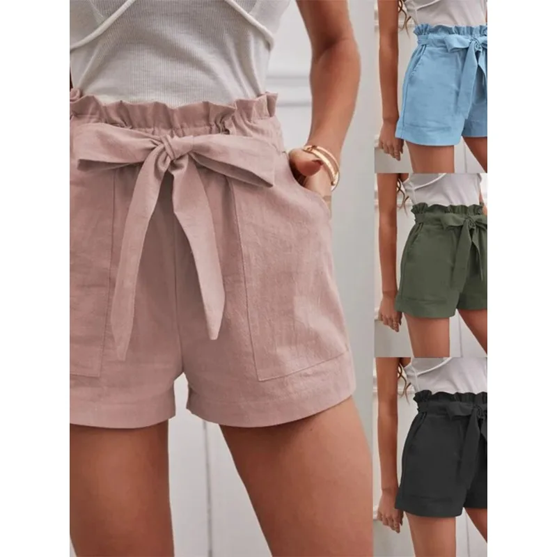 

Europe and America Cross border New 2024 Summer Women's Loose Linen Casual Shorts Pockets Solid Large High Waist Wide Leg Pants