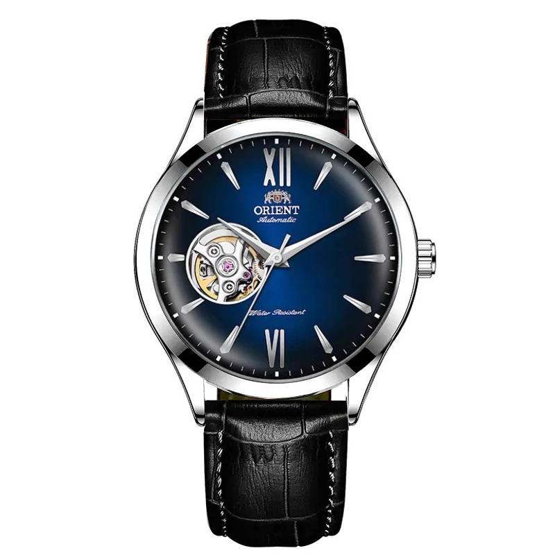 Orient heren automatisch open harthorloge blauwe wijzerplaat roestvrijstalen band vrijetijdskleding polshorloge 30M waterbestendig modehorloge