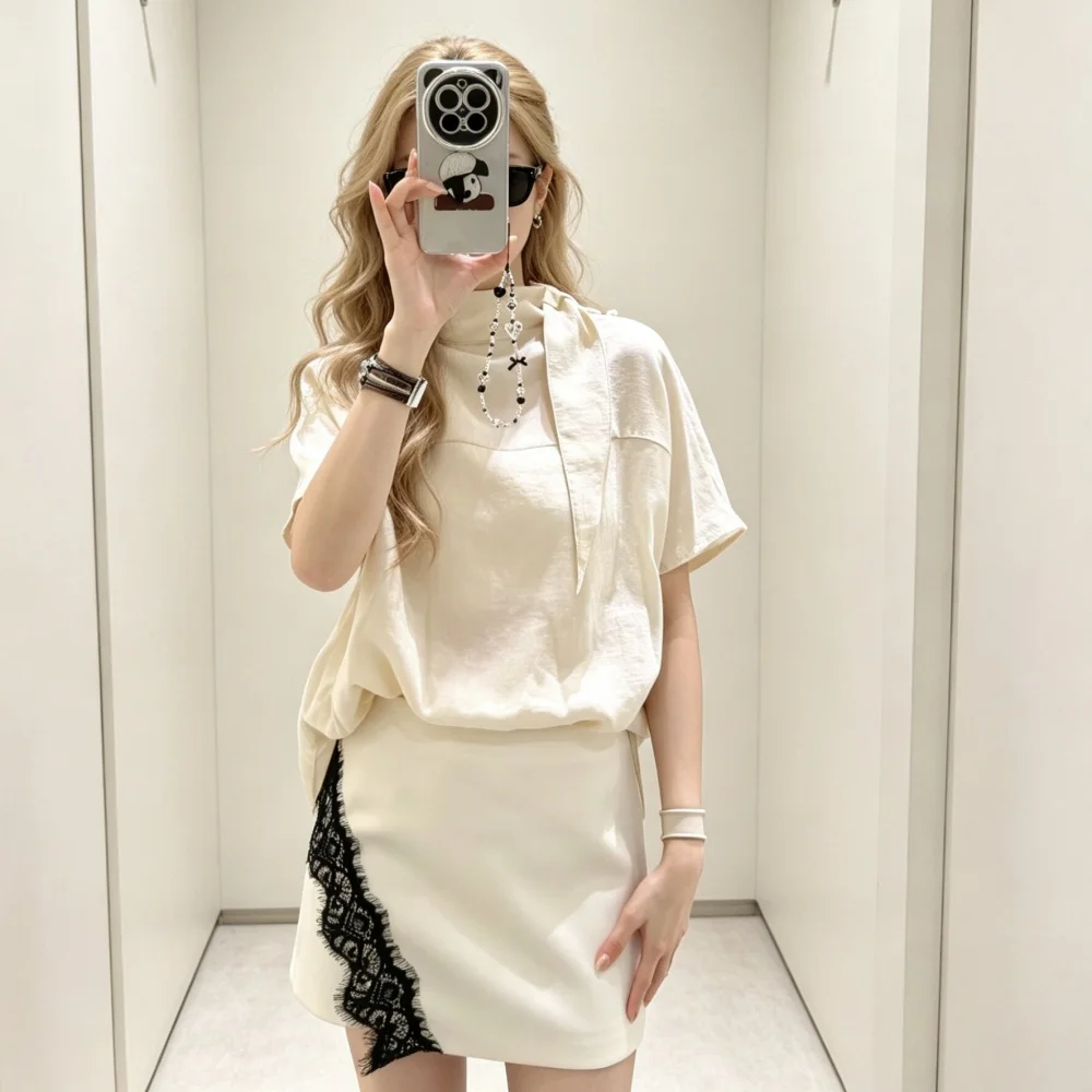 Fashion Temperament versatile Lace Spliced Skirt Pants For Women Casual Contrast Color High Waist A-line Zipper Culottes