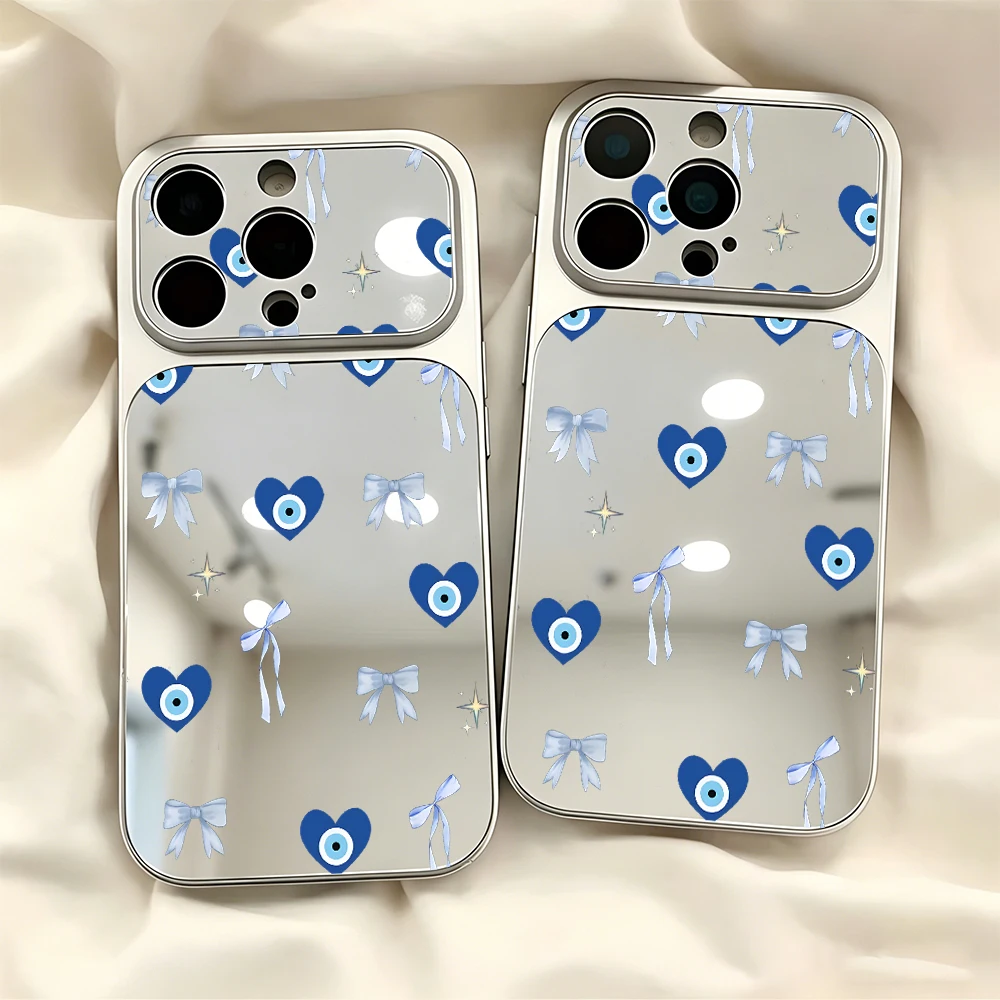 

Bow Evil Eye Heart Mirror Large Window Lens Protect Phone Case for IPhone 17 16 15 14 13 12 11 Pro Max Air Plus Shockproof Cover