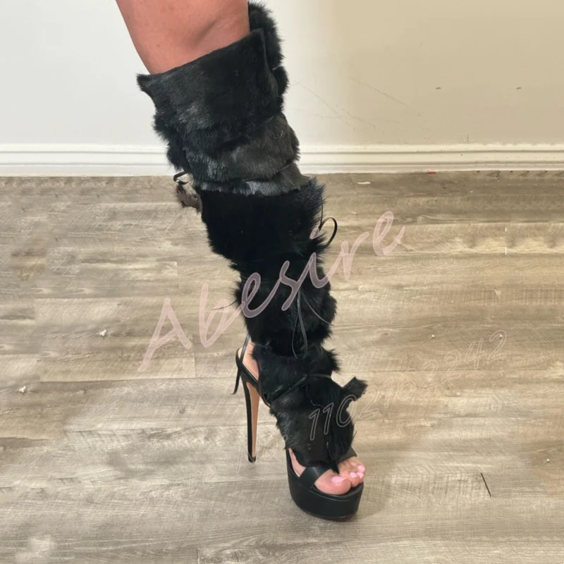 أسود فو الفراء الدانتيل يصل أحذية منصة طويلة جولة تو خنجر عبر حزام الصنادل المرأة مثير ملهى ليلي حفلة فروي عالية الكعب #4