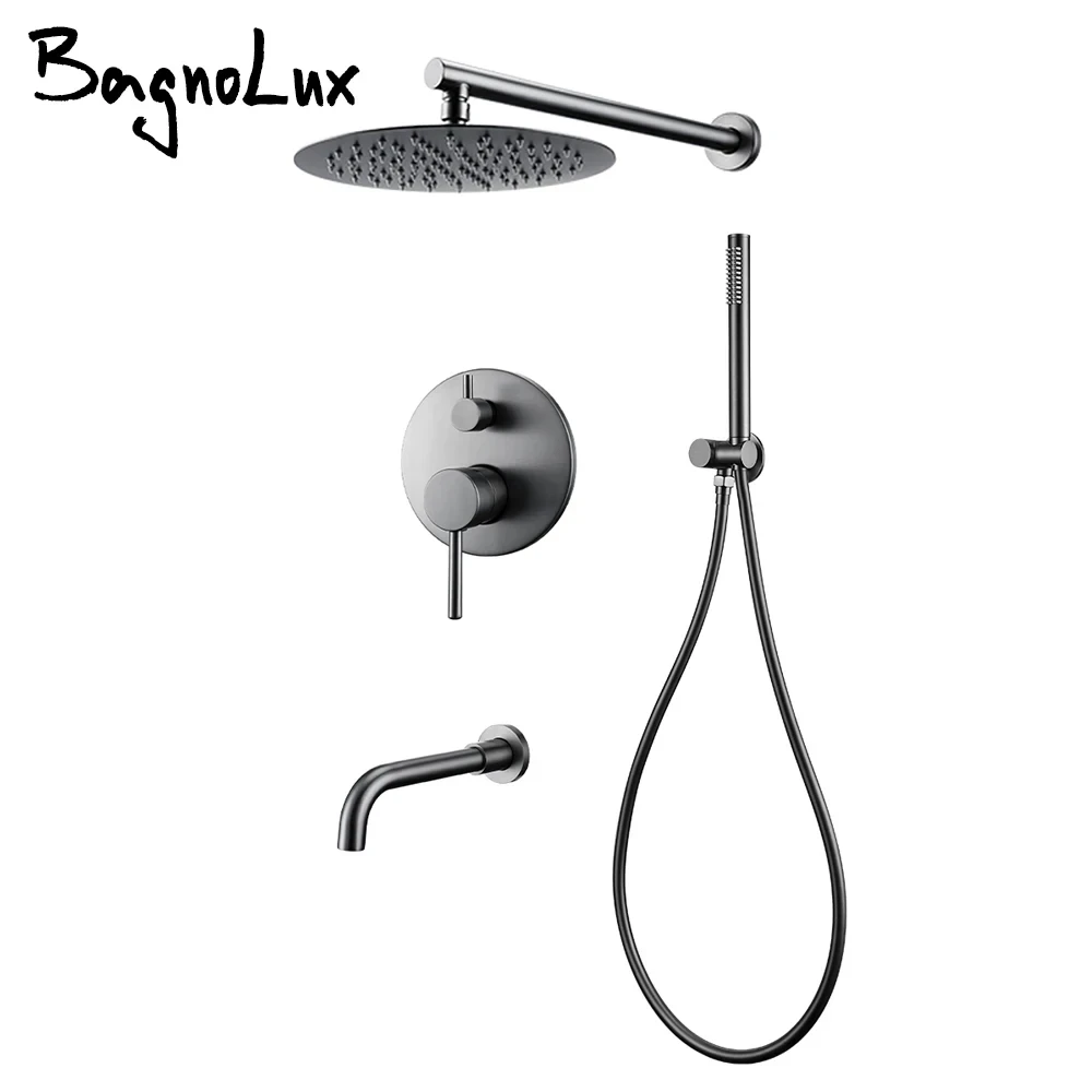 Bagnolux Brass Drawing Concealed Wall Hanging Top Head And Hand Shower Curtain Set Two Functions Hot Cold Mixing Bathroom Faucet