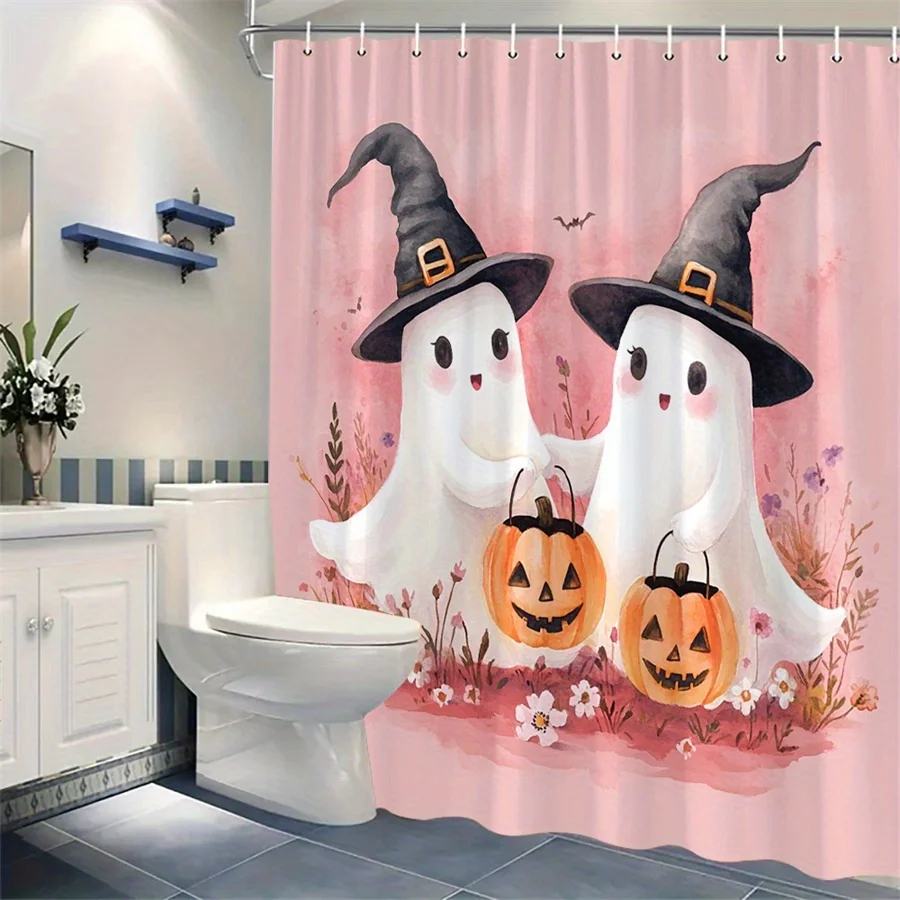 New in 2026 1pc Halloween Shower Curtain - Playful Ghosts with Witch Hats & Jack-O'-Lanterns Digital Watercolor Design on Soft Pink Background, Durable Polyester Fabric, 70.86x70.86 Inch with 12 Hooks, Machine Washable Bathroom Decor, Spooky Seasona