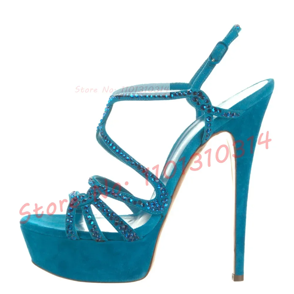 Blue Crystal Suede Platform Sandals Women Bling Cross Strap Stiletto High Heels Shoes Ladies Party Casual Elegant Dress Sandals
