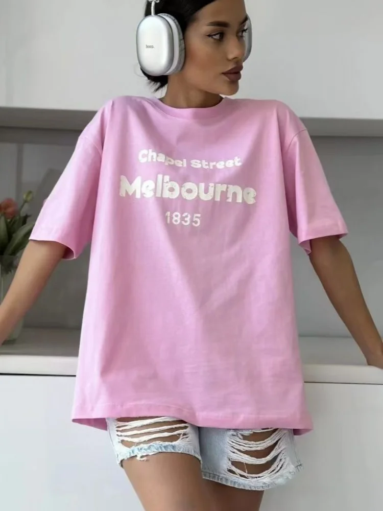 Классическая футболка с принтом «Мельбурн» в стиле ретро, розовая мешковатая футболка из 100% чистого хлопка, милые розовые футболки для женщин и девочек, повседневный топ Y2K, уличная одежда