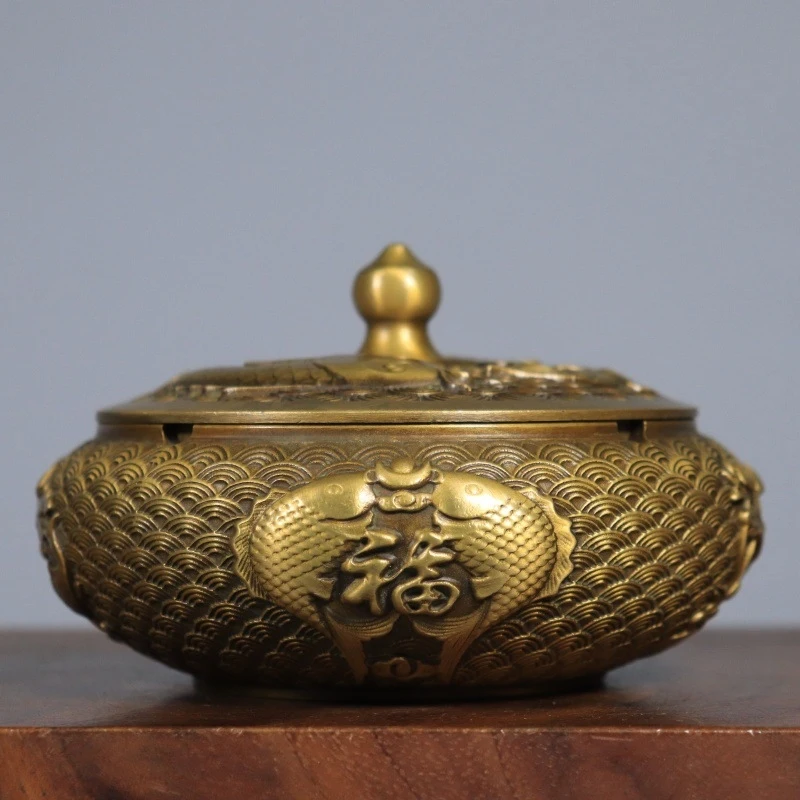 Pure copper with lid, high-end new Chinese style, suitable for home, living room, office, boss's brass ashtray