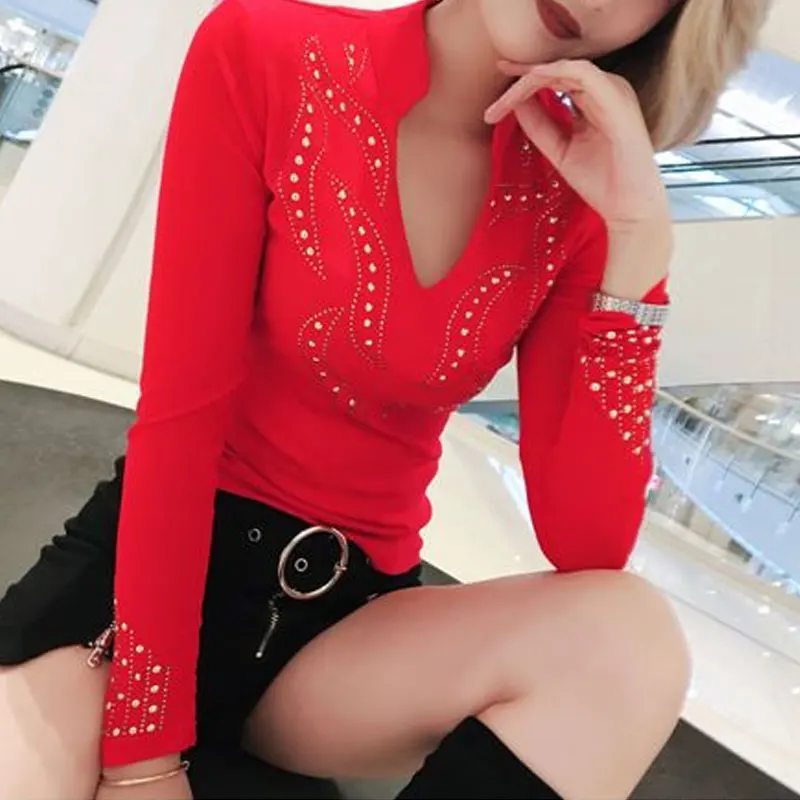 2023 Spring Autumn Casual Long Sleeve Pullovers Fashion Diamonds Women\'s Clothing All-match Elegant V-Neck Slim Commute T-shirt