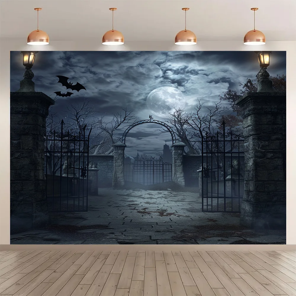 Halloween cemetery and bat background cloth - polyester photography prop, suitable for indoor and outdoor decoration