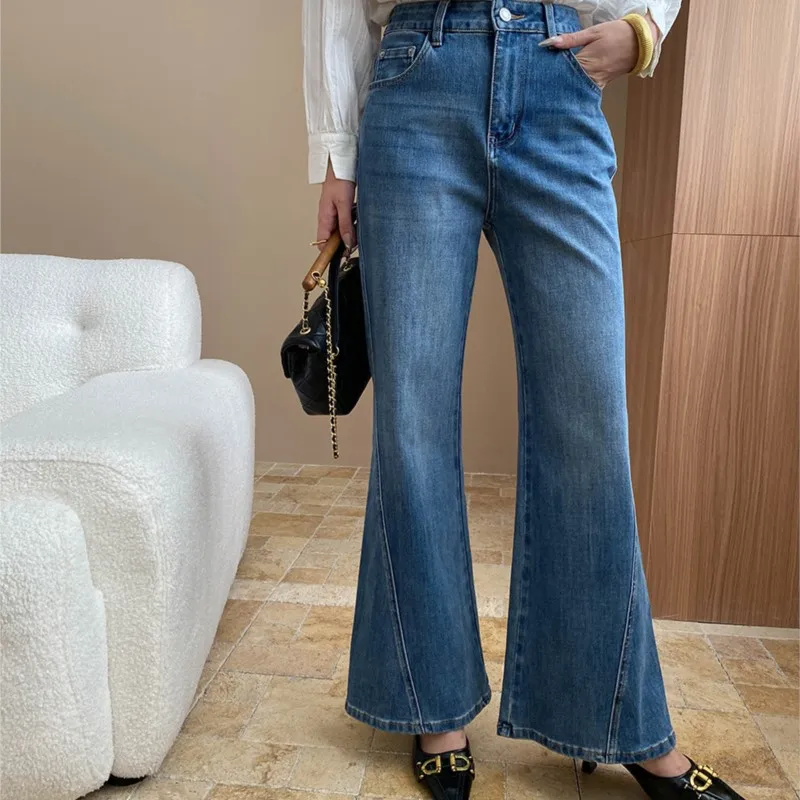 

Осень 2022, новые синие прямые широкие брюки в стиле ретро, женские слегка расклешенные джинсы