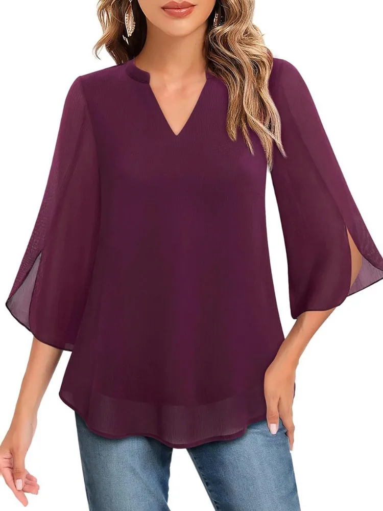 

Modigirl Women V Neck Chiffon Top women's casual dresses Multi Color Split Half Sleeve Loose Casual Office Solid Color Blouse