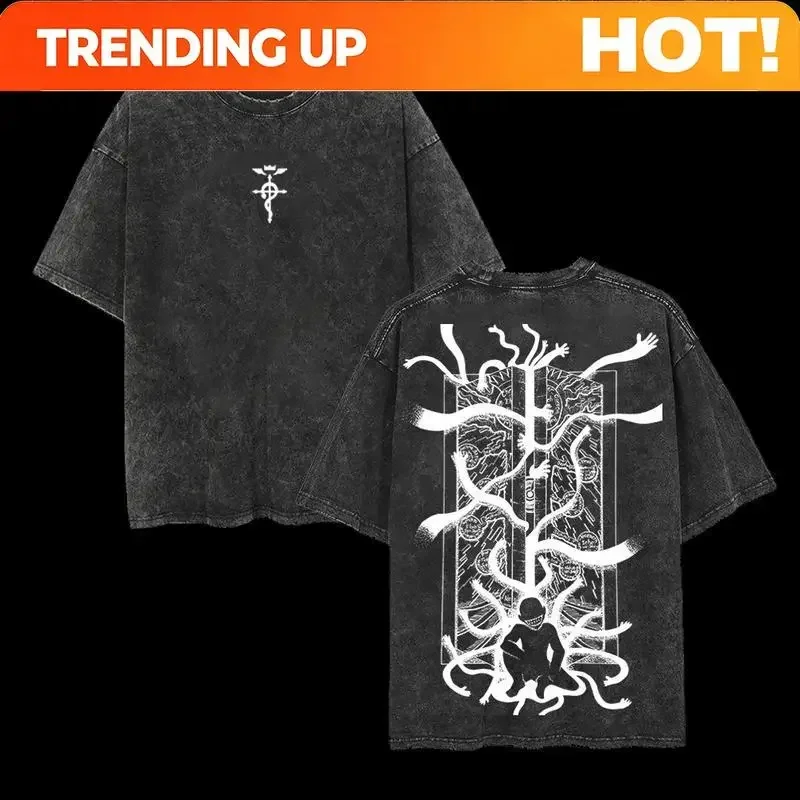 Customization Shirt Retro Gate Of Alchemy Anime Vintage Double Printed Washed T-Shirt Unisex Mineral Anime Manga Washed Heavy Co